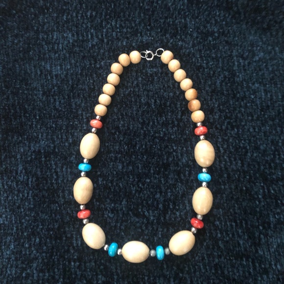 Natural Wood, Turquoise & Red Beaded Necklace - Picture 5 of 7